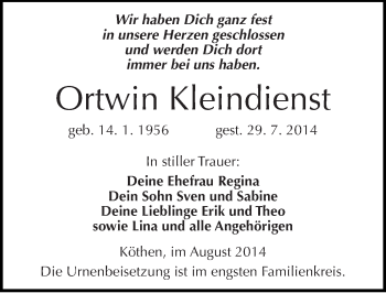 Traueranzeige von Ortwin Kleindienst von Mitteldeutsche Zeitung Köthen