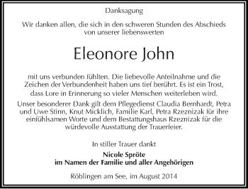 Traueranzeige von Eleonore John von Mitteldeutsche Zeitung Mansfelder Land