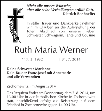 Traueranzeige von Ruth Maria Werner von Mitteldeutsche Zeitung Wittenberg