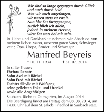 Traueranzeige von Manfred Beyreis von Mitteldeutsche Zeitung Naumburg/Nebra