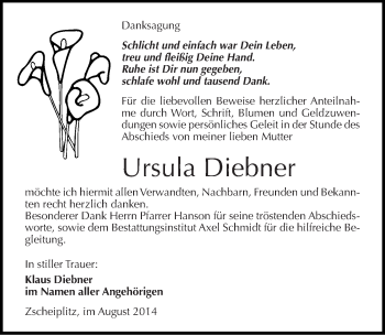 Traueranzeige von Ursula Diebner von Mitteldeutsche Zeitung Naumburg/Nebra