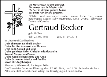 Traueranzeige von Gertraud Becker von Mitteldeutsche Zeitung Naumburg/Nebra