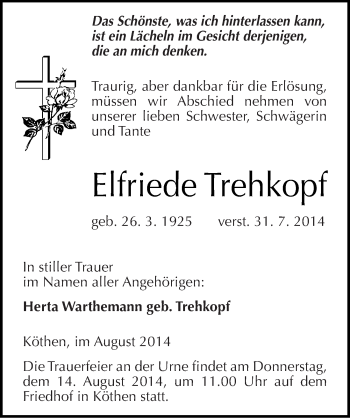 Traueranzeige von Elfriede Trehkopf von Mitteldeutsche Zeitung Köthen