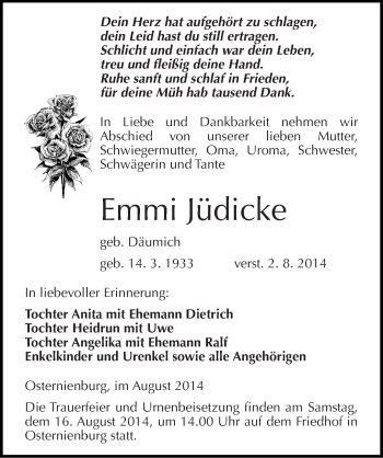 Traueranzeige von Emmi Jüdicke von Mitteldeutsche Zeitung Köthen