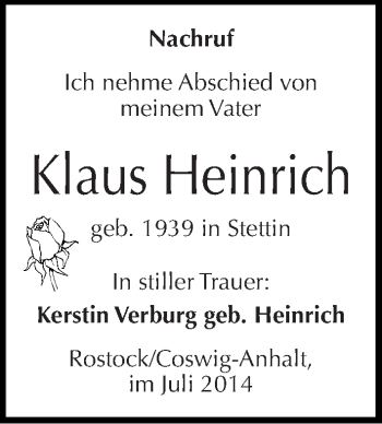 Traueranzeige von Klaus Heinrich von Mitteldeutsche Zeitung Wittenberg