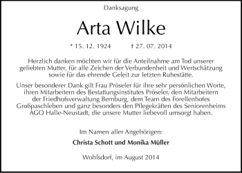 Traueranzeige von Arta Wilke von Mitteldeutsche Zeitung Bernburg