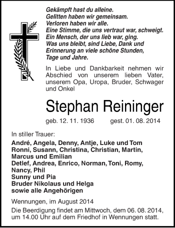Traueranzeige von Stephan Reininger von Mitteldeutsche Zeitung Naumburg/Nebra