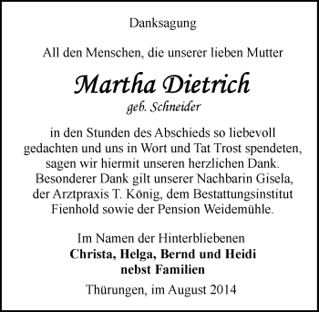 Traueranzeige von Martha Dietrich von Mitteldeutsche Zeitung Sangerhausen