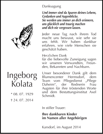 Traueranzeige von Ingeborg Kolata von Mitteldeutsche Zeitung Naumburg/Nebra