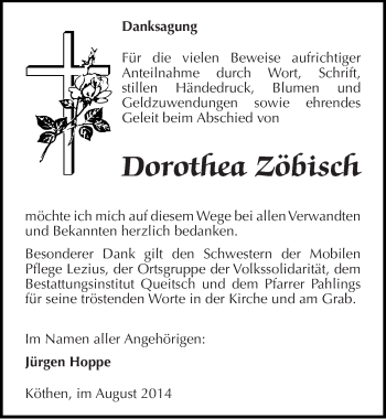 Traueranzeige von Dorothea Zöbisch von Mitteldeutsche Zeitung Köthen