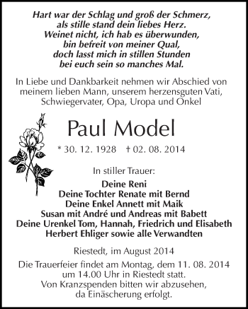 Traueranzeige von Paul Model von Mitteldeutsche Zeitung Sangerhausen