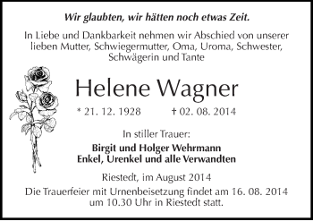 Traueranzeige von Helene Wagner von Mitteldeutsche Zeitung Sangerhausen