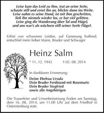 Traueranzeige von Heinz Salm von Mitteldeutsche Zeitung Köthen