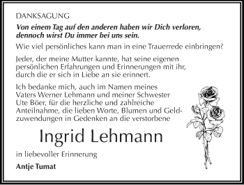 Traueranzeige von Ingrid Lehmann von Mitteldeutsche Zeitung Halle/Saalkreis