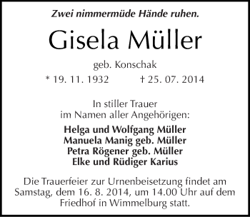 Traueranzeige von Gisela Müller von Mitteldeutsche Zeitung Mansfelder Land