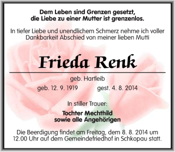 Traueranzeige von Frieda Renk von Mitteldeutsche Zeitung Merseburg/Querfurt
