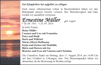 Traueranzeige von Ernestine Müller von Mitteldeutsche Zeitung Sangerhausen