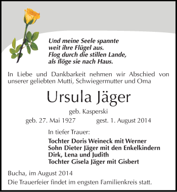 Traueranzeige von Ursula Jäger von Mitteldeutsche Zeitung Naumburg/Nebra