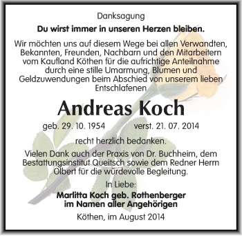 Traueranzeige von Andreas  Koch von Mitteldeutsche Zeitung Köthen