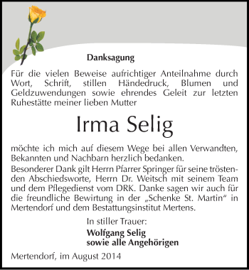 Traueranzeige von Irma Selig von Mitteldeutsche Zeitung Naumburg/Nebra