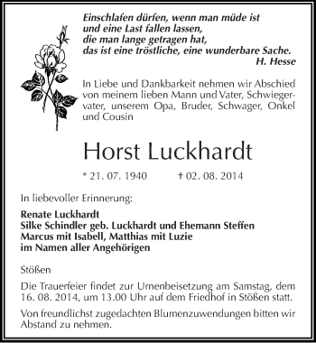 Traueranzeige von Horst Luckhardt von Mitteldeutsche Zeitung Naumburg/Nebra