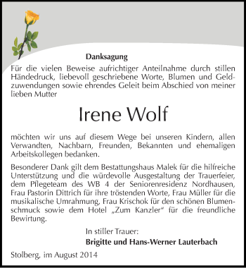 Traueranzeige von Irene Wolf von Mitteldeutsche Zeitung Sangerhausen