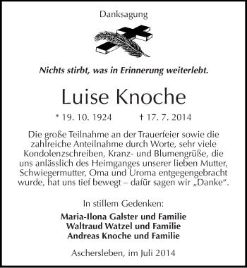 Traueranzeige von Luise Knoche von Mitteldeutsche Zeitung Aschersleben