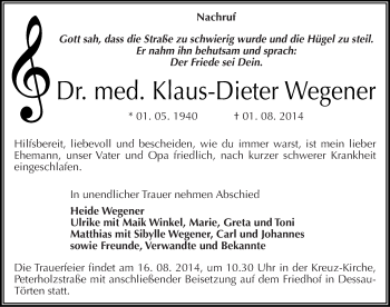 Traueranzeige von Klaus-Dieter Wegener von Mitteldeutsche Zeitung Dessau-Roßlau