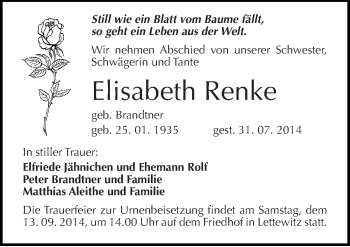 Traueranzeige von Elisabeth Renke von Mitteldeutsche Zeitung Halle/Saalkreis
