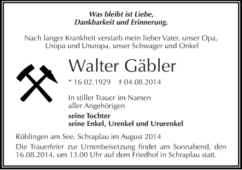 Traueranzeige von Walter Gäbler von Mitteldeutsche Zeitung Mansfelder Land