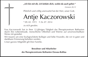 Traueranzeige von Antje Kaczorowski von Mitteldeutsche Zeitung Dessau-Roßlau