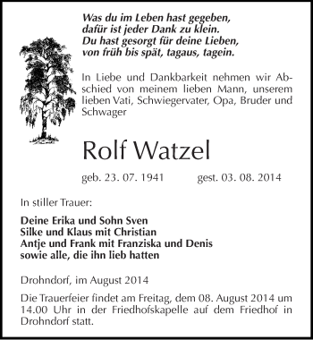 Traueranzeige von Rolf Watzel von Mitteldeutsche Zeitung Aschersleben
