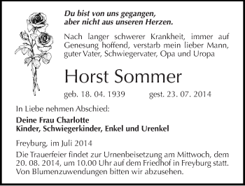 Traueranzeige von Horst Sommer von Mitteldeutsche Zeitung Naumburg/Nebra