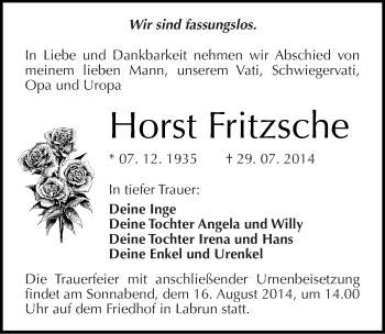 Traueranzeige von Horst Fritzsche von Mitteldeutsche Zeitung Wittenberg