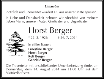 Traueranzeige von Horst Berger von Mitteldeutsche Zeitung Halle/Saalkreis