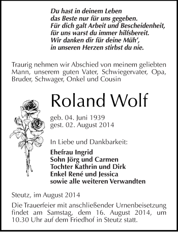 Traueranzeige von Roland Wolf von Mitteldeutsche Zeitung Dessau-Roßlau
