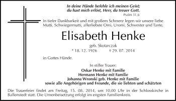 Traueranzeige von Elisabeth Henke von Mitteldeutsche Zeitung Quedlinburg