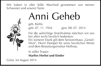 Traueranzeige von Anni Geheb von Mitteldeutsche Zeitung Merseburg/Querfurt