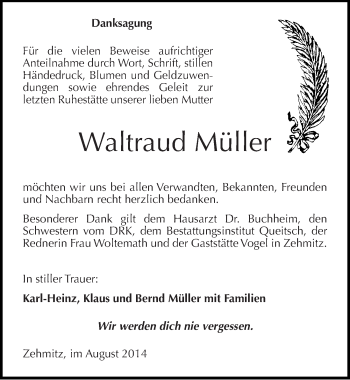 Traueranzeige von Waltraud Müller von Mitteldeutsche Zeitung Köthen