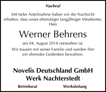 Traueranzeige von Werner Behrens von Mitteldeutsche Zeitung Aschersleben