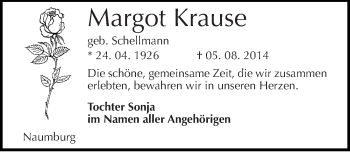 Traueranzeige von Margot Krause von Mitteldeutsche Zeitung Naumburg/Nebra
