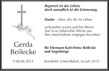 Traueranzeige von Gerda Beilecke von Mitteldeutsche Zeitung Mansfelder Land