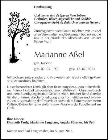 Traueranzeige von Marianne Aßel von Mitteldeutsche Zeitung Köthen