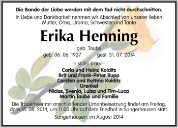 Traueranzeige von Erika Henning von Mitteldeutsche Zeitung Sangerhausen