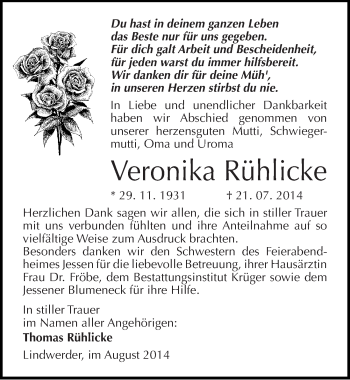 Traueranzeige von Veronika Rühlicke von Mitteldeutsche Zeitung Wittenberg