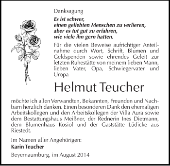 Traueranzeige von Helmut Teucher von Mitteldeutsche Zeitung Sangerhausen
