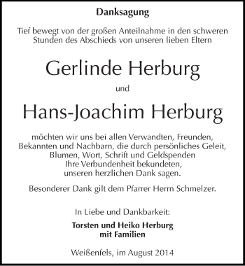 Traueranzeige von Gerlinde und Hans-Joachim Herburg von Mitteldeutsche Zeitung Weißenfels