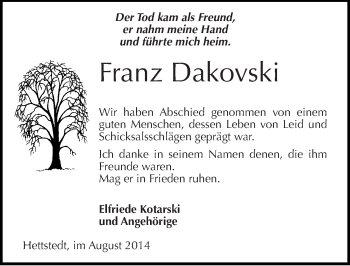 Traueranzeige von Franz Dakovski von Mitteldeutsche Zeitung Aschersleben
