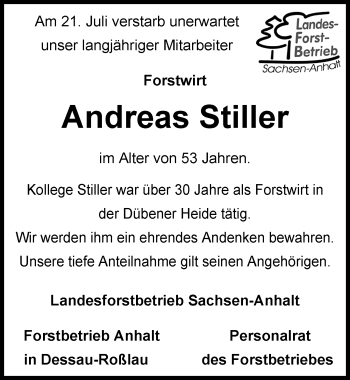 Traueranzeige von Andreas Stiller von Mitteldeutsche Zeitung Wittenberg