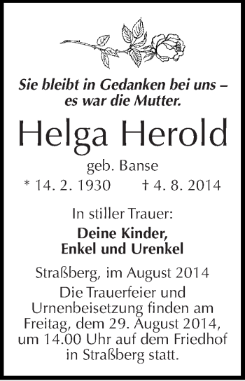Traueranzeige von Helga Herold von Mitteldeutsche Zeitung Quedlinburg
